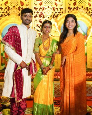 Rashmika Mandanna Instagram - So it’s been almost 6-7 years since I’ve known Sai and his family and 2 days back he - who’s also like a family to me, got married and I had the opportunity to be a part of his big day.. ❤️❤️ 
It makes me so happy to see these lovely people around me grow into such amazing human beings and it’s so nice to see all of them so happy. 🤍 
I tho still can’t believe he’s married now..🙊😄 but it truly makes me super happy. ❤️
Congratulations @saibabu2223 and Preethi.. 🤗
god bless you with all my heart. 
I wish your lives are filled with happiness always. 🤍🌻