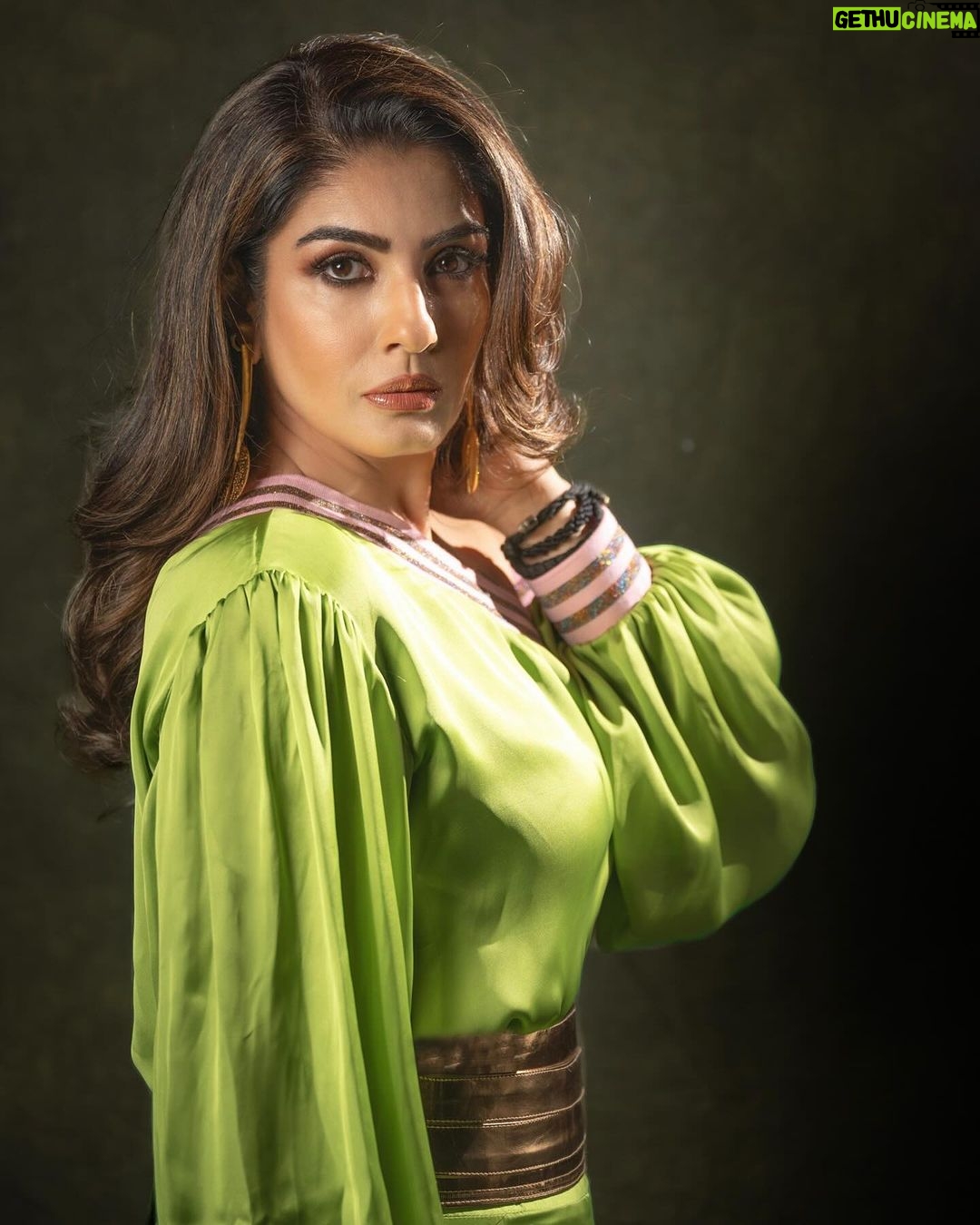 Raveena Tandon Instagram - All about last week ..♥️ Green Outfit - @mirpurimaheka Earrings - @flowerchildbyshaheen Rings - @jewellerybymitalijain Styled by @poojagulabani Make up by @sshurakhan Hair by @ashisbogi 📸- @deepak_das_photography