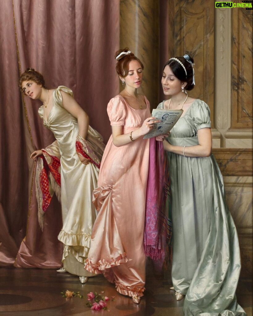 Rebecca Flint Instagram - PAINTING TRANSFORMATION 🖌️ How did we do?⁣ ⁣ ‘An Illicit Letter’ by Vittorio Reggianini was painted in the late 1800s. Reggianini’s mastery of silks and satins has made his work highly desirable, with this particular piece selling for £89,000 at Bonhams in 2012 at auction.⁣ ⁣ Myself and my best friend @adelicate_ decided to pay homage to this beautiful painting. We both sewed our own dresses, and I combined our photos virtually to complete the final result! What do you think?
