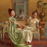 Rebecca Flint Instagram – 👗 Parlour Scene with Two Ladies, by Vittorio Reggianini (1858 – 1938) 👗⁣
⁣
Although not contemporary of the Regency era, Vittorio Reggianini – an Italian painter, and master of painting silks and satins – perfectly captures the imagination with the grand opulence of eras bygone.⁣
⁣
My painting recreation was created with @photoshop, wearing a dress I had sewn myself 🪡⁣
⁣
Can you spot the difference? 🤩 London, United Kingdom