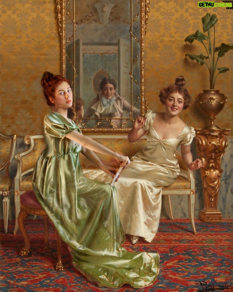 Rebecca Flint Instagram - 👗 Parlour Scene with Two Ladies, by Vittorio Reggianini (1858 - 1938) 👗⁣ ⁣ Although not contemporary of the Regency era, Vittorio Reggianini - an Italian painter, and master of painting silks and satins - perfectly captures the imagination with the grand opulence of eras bygone.⁣ ⁣ My painting recreation was created with @photoshop, wearing a dress I had sewn myself 🪡⁣ ⁣ Can you spot the difference? 🤩 London, United Kingdom