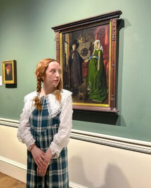 Rebecca Flint Instagram - in 1434 Jan Van Eyck’s hand carved a portrait that keeps us guessing at its mysteries, over 589 years later 💭 Did you know you can see this world-famous painting in London, for free? 

📍 National Gallery, London

#arnolfiniportrait #arnolfini #arnolfinimarriage #janvaneyck #nationalgallery #londonmuseum #arthistorynerds #historyofarts #classicalpainting #arttravel #museumaesthetic #artgallery #vintagelauraashley #lauraashleyvintage #lauraashleyuk #lauraashley #coquette #coquettefashion #faecore #romanticstyle #softgirlaesthetic #dreaminginpictures #asecondofwhimsey #parisiennegirl #historyofart #1400s #15thcenturyart #15thcenturyfashion #15thcenturypainting #15thcentury