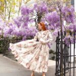 Rebecca Flint Instagram – There’s no greater thrill than wearing clothes you have sewn yourself 👗💃⁣
⁣
A few weeks ago I decided to finally make use of an old pair of vintage floral curtains 🏡⁣
⁣
Heavily inspired by 70s Prairie dresses, in particular, vintage Laura Ashley, this dress features a standing collar, lace detailed yoke with frill, leg-of-mutton sleeves with lace panels and pearl buttons, and a mighty skirt which holds more than 5 metres of length 😱⁣
⁣
There’s still things I would try and improve on if I could sew it all over again, but I’m focussing on enjoying the fruits of my labour and the peace I had when sewing it 🧘‍♀️⁣
⁣
If you sew too – tell me – do you always have the fear that for some reason it’s all going to fall apart as soon as you leave the house and be left bare? Tell me I am not alone! 🫢⁣
⁣
Thank you to @hellomissjordan for a gorgeous day out, and for helping take these photos 🌸 Dalloway Terrace