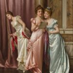Rebecca Flint Instagram – PAINTING TRANSFORMATION 🖌️ How did we do?⁣
⁣
‘An Illicit Letter’ by Vittorio Reggianini was painted in the late 1800s. Reggianini’s mastery of silks and satins has made his work highly desirable, with this particular piece selling for £89,000 at Bonhams in 2012 at auction.⁣
⁣
Myself and my best friend @adelicate_ decided to pay homage to this beautiful painting. We both sewed our own dresses, and I combined our photos virtually to complete the final result! What do you think?