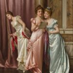 Rebecca Flint Instagram - PAINTING TRANSFORMATION 🖌️ How did we do?⁣ ⁣ ‘An Illicit Letter’ by Vittorio Reggianini was painted in the late 1800s. Reggianini’s mastery of silks and satins has made his work highly desirable, with this particular piece selling for £89,000 at Bonhams in 2012 at auction.⁣ ⁣ Myself and my best friend @adelicate_ decided to pay homage to this beautiful painting. We both sewed our own dresses, and I combined our photos virtually to complete the final result! What do you think?
