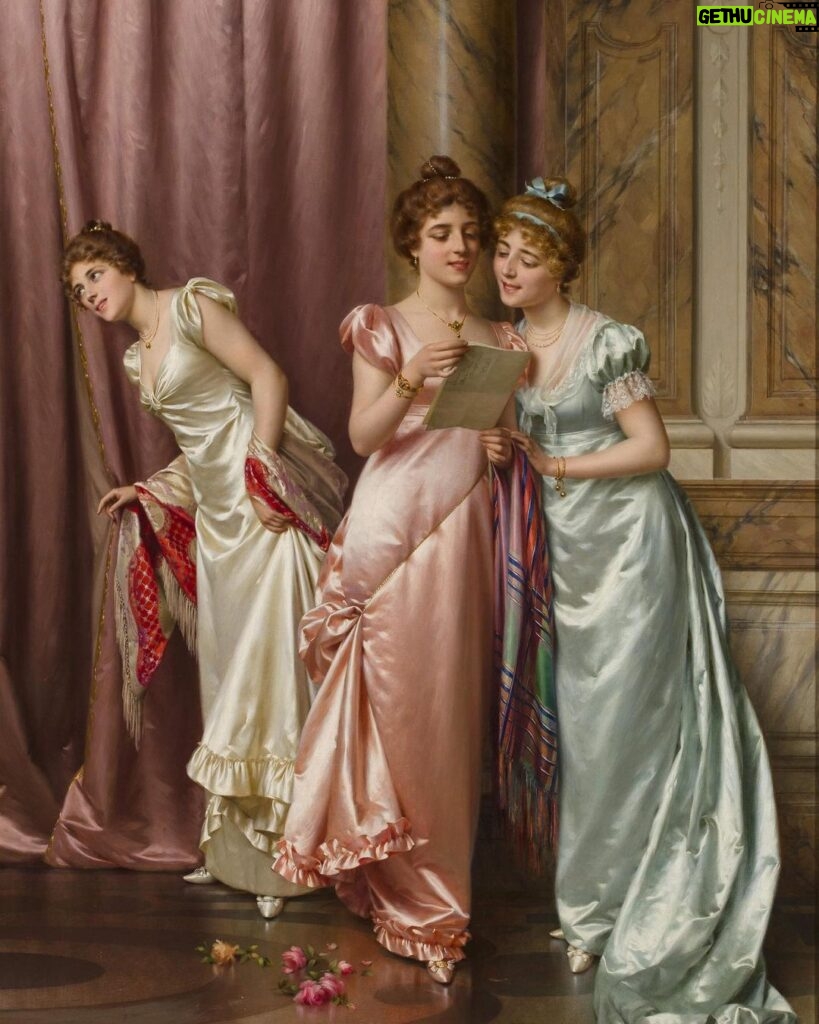 Rebecca Flint Instagram - PAINTING TRANSFORMATION 🖌️ How did we do?⁣ ⁣ ‘An Illicit Letter’ by Vittorio Reggianini was painted in the late 1800s. Reggianini’s mastery of silks and satins has made his work highly desirable, with this particular piece selling for £89,000 at Bonhams in 2012 at auction.⁣ ⁣ Myself and my best friend @adelicate_ decided to pay homage to this beautiful painting. We both sewed our own dresses, and I combined our photos virtually to complete the final result! What do you think?