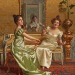 Rebecca Flint Instagram – 👗 Parlour Scene with Two Ladies, by Vittorio Reggianini (1858 – 1938) 👗⁣
⁣
Although not contemporary of the Regency era, Vittorio Reggianini – an Italian painter, and master of painting silks and satins – perfectly captures the imagination with the grand opulence of eras bygone.⁣
⁣
My painting recreation was created with @photoshop, wearing a dress I had sewn myself 🪡⁣
⁣
Can you spot the difference? 🤩 London, United Kingdom