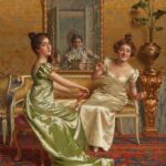Rebecca Flint Instagram - 👗 Parlour Scene with Two Ladies, by Vittorio Reggianini (1858 - 1938) 👗⁣ ⁣ Although not contemporary of the Regency era, Vittorio Reggianini - an Italian painter, and master of painting silks and satins - perfectly captures the imagination with the grand opulence of eras bygone.⁣ ⁣ My painting recreation was created with @photoshop, wearing a dress I had sewn myself 🪡⁣ ⁣ Can you spot the difference? 🤩 London, United Kingdom