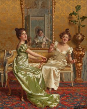 Rebecca Flint Instagram - 👗 Parlour Scene with Two Ladies, by Vittorio Reggianini (1858 - 1938) 👗⁣
⁣
Although not contemporary of the Regency era, Vittorio Reggianini - an Italian painter, and master of painting silks and satins - perfectly captures the imagination with the grand opulence of eras bygone.⁣
⁣
My painting recreation was created with @photoshop, wearing a dress I had sewn myself 🪡⁣
⁣
Can you spot the difference? 🤩