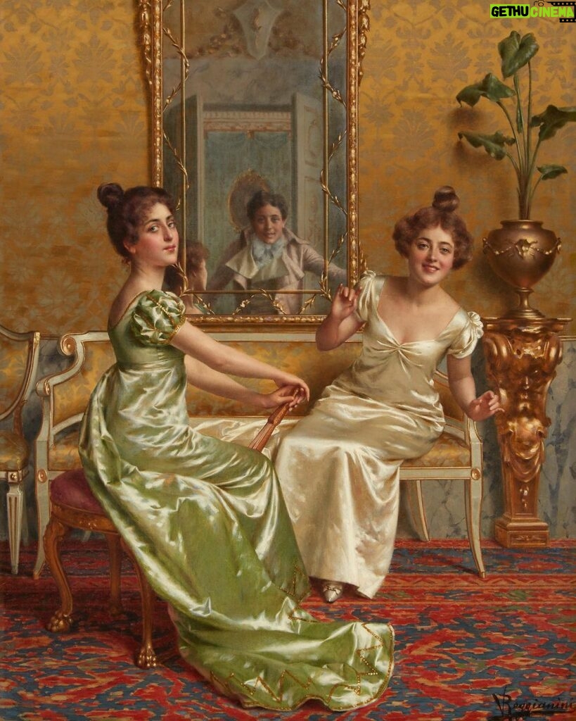 Rebecca Flint Instagram - 👗 Parlour Scene with Two Ladies, by Vittorio Reggianini (1858 - 1938) 👗⁣ ⁣ Although not contemporary of the Regency era, Vittorio Reggianini - an Italian painter, and master of painting silks and satins - perfectly captures the imagination with the grand opulence of eras bygone.⁣ ⁣ My painting recreation was created with @photoshop, wearing a dress I had sewn myself 🪡⁣ ⁣ Can you spot the difference? 🤩 London, United Kingdom