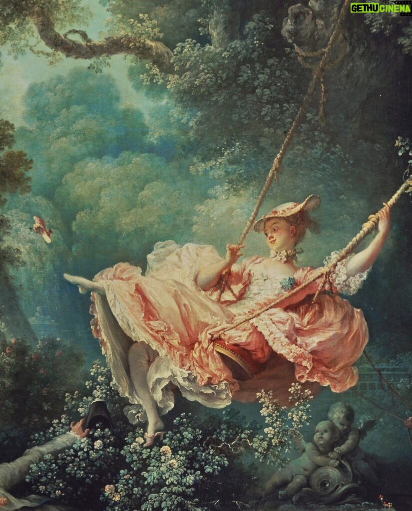Rebecca Flint Instagram - L'Escarpolette - ‘The Happy Accidents of The Swing’ - painted by Jean Honore Fragonard in 1767 🔎 Delighted by the frivolity and bemused by the eroticism, I had to leap inside the frame of this painting too...⁣ ⁣ 🩰 The Swing is one of the most famous and beloved paintings of the Rococo Era. Depicting a young woman in a billowing dress, she is pushed on the swing by one man behind her, and another below her peers from the bushes to glimpse underneath her dress. ⁣ ⁣ The story goes, that a courtier asked the French painter Gabriel Francois Doyen to capture his mistress in this compromising scene, but refusing on the grounds of frivolity, the commission was then passed on to Fragonard instead, resulting in his most famous piece of work 🎀⁣ ⁣ 🤔 Now tell me - which famous Disney film features this painting too - and what key element of the composition do they purposefully remove? ⁣ ⁣ ⁣ ⁣ ⁣ ⁣ #marieantoinette #historicalcostuming #rococo #jeanhonorefragonard #rococoart #rococostyle #rococodress #frenchelegance #1700s #allabout18thcentury #photoshoppro #classicalpainting #ofwhimsicalmoments #wherefairiesdwell #18thcentury #18thcenturyfashion #marieantoinettestyle #18eme #painterly #likeapainting #fineartphoto #reallifepainting #thewallacecollection #arthistory #historyart #artandhistory #frenchart #chateauversailles #versailles #theswing The Wallace Collection