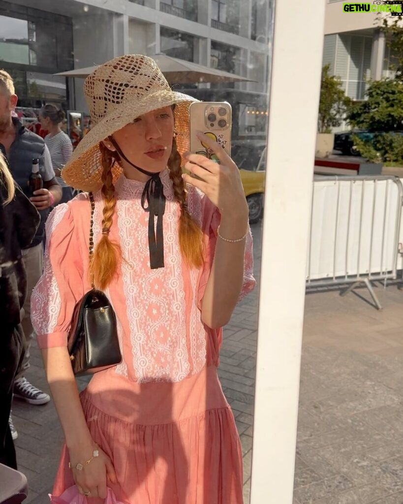 Rebecca Flint Instagram - what I wore to the classic car boot 🏎✌ I had been desperate to wear this incredible Gunne Sax pink dress acquired from @olive_and_quince_vintage (who I met this day also!!) Decided to accent with black so sported my SPPO hat I picked up in Japan in the summer and some bow socks of the same Finally these @empressaustralia shoes, classic square toe Mary Janes which are so incredibly comfortable 🎀 London, United Kingdom