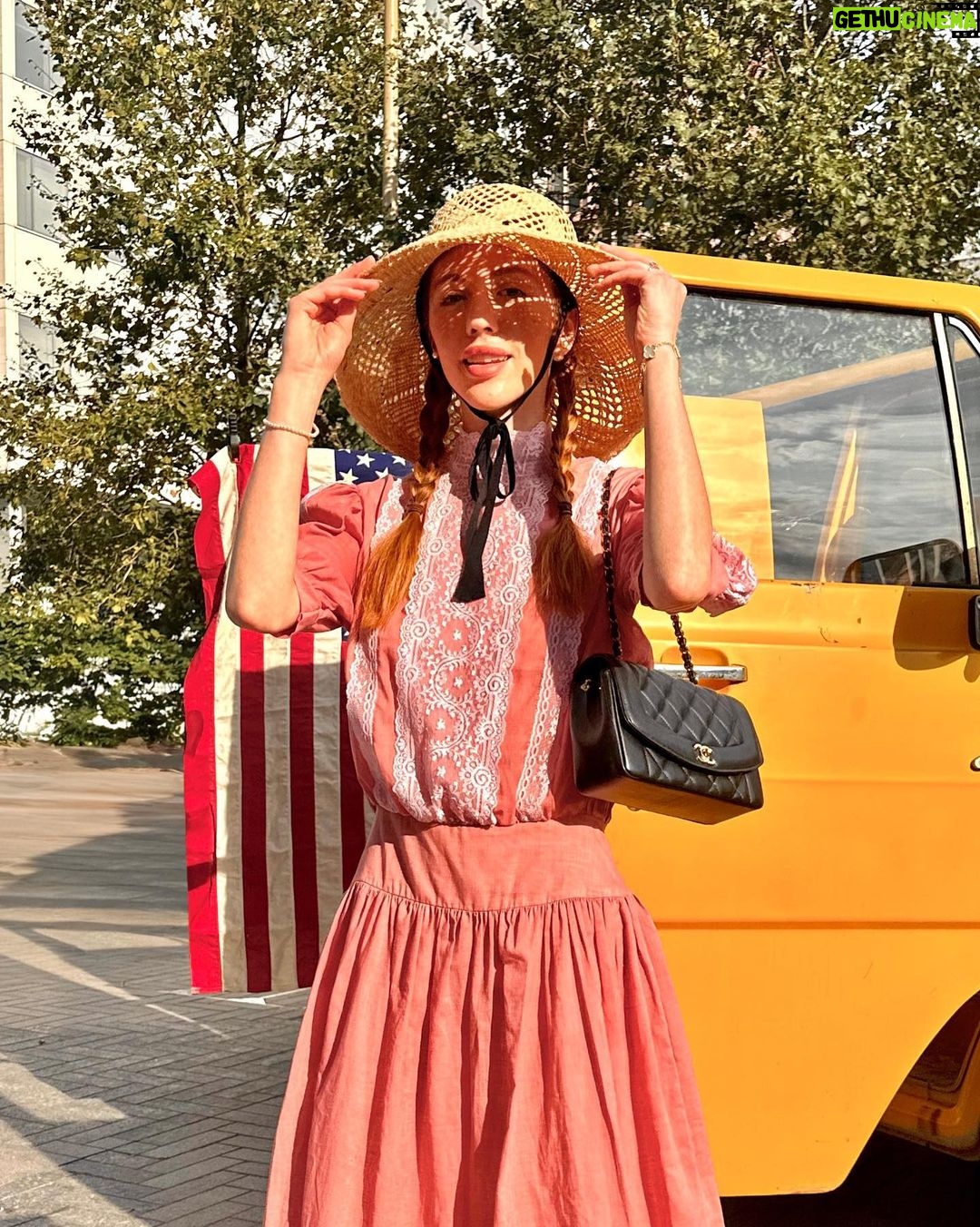Rebecca Flint Instagram - what I wore to the classic car boot ποΈβοΈ I had been desperate to wear this incredible Gunne Sax pink dress acquired from @olive_and_quince_vintage (who I met this day also!!) Decided to accent with black so sported my SPPO hat I picked up in Japan in the summer and some bow socks of the same Finally these @empressaustralia shoes, classic square toe Mary Janes which are so incredibly comfortable π London, United Kingdom