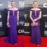 Rebecca Romijn Instagram - Thank you for the noms @criticschoice 💜💜💜 Thank you for making me pretty @artconn2 @karanmitchellmua @dickycollins Bracelets and rings: @a.Jaffe Earrings: @a.jaffe Teardrop ring: @kallatijewelry Dress: @pamellaroland Clutch: @zaamofficial Heels: @ricagno_