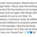 Regina Spektor Instagram – I will not be indifferent to the suffering of Jews and Palestinians… I will keep hope and peace within myself and send love towards you… Am Yisrael Chai 🤍🩵💙