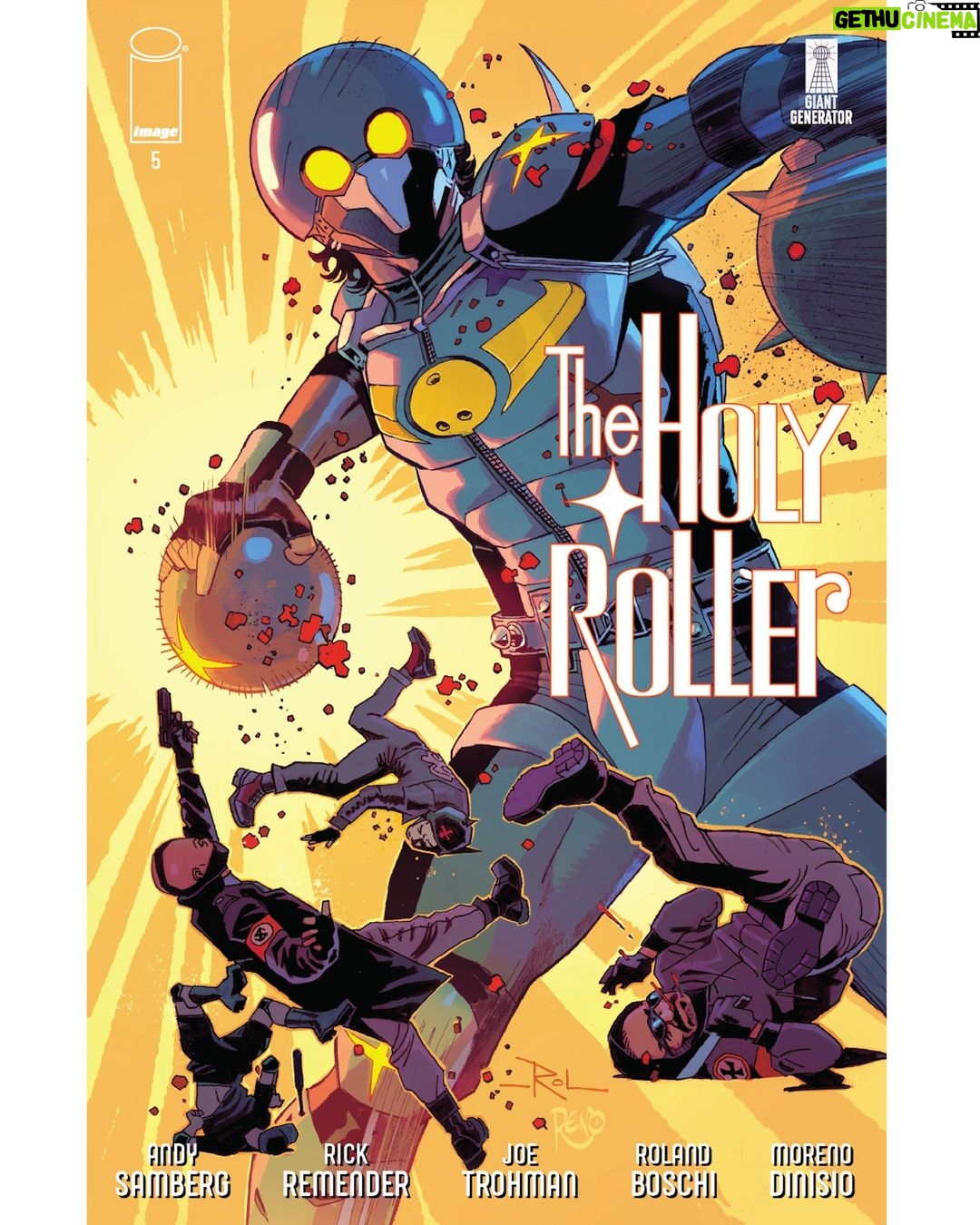 Rick Remender Instagram - Only two more weeks until the launch of THE HOLY ROLLER! Exciting and funny and 42 full pages introductory issue. Me and Andy Samberg and Joe Trohman spent many hours on Zoom making each other laugh over the past couple of years working on this. Roland Boschi and Moreno Dinisio continue their streak as one of the best art teams on Earth. Love it as much as we do or we may never forgive you! Don't be a dope. Here is the great cover by Roland Moreno for issue 5. Comics are fun!