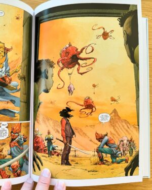Rick Remender Instagram - I joined forces with the mighty @jomeopena to spend many years making SEVEN TO ETERNITY for you and your cousins and your neighbors and this beautiful @dcbservice variant of the oversized HC is very sold out but we still have stock on the 3rd printing of the regular cover. @jamesharrenart pops in for a bridge chapter. @matthollingsworthcolor bleeds color love on the entire thing. It’s a goddamned masterpiece printed on the best paper available and if you don’t love it I’ll buy it back from you and beat myself with it. Will film for proof.