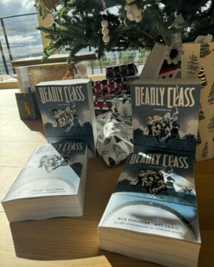 Rick Remender Instagram - 57 full issues of DEADLY CLASS in one compendium collection – it’s a Christmas miracle! Santa Claus died for your sins, that’s just a science fact, so take the gift of life and buy this thing that we bled into for a decade. Who are you to deny us that much after all we’ve done for you? It’s 60 bucks for 57 issues. You have to be some kind of a soulless monster to deny yourself this one chance at pleasure.

NOTE: the mailman left my comps in the rain, which is why there is a wave in those pages