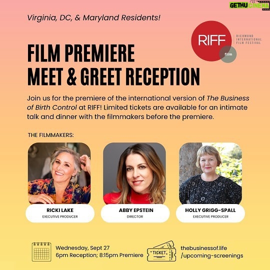 Ricki Lake Instagram - ๐Hello Richmond, DC, and Central Virginia Folks!๐ We are thrilled to premiere our brand new 54-minute International version of @businessofbirthcontrol at @riffrva on Wednesday, September 27th at 8:15pm @thebyrdrva ๐๏ธ We have big love and history with the Richmond area community so are hosting a meet and greet reception on 9/27 before the movie. Dinner, drinks and conversation with the filmmakers plus amazing expert guests @nicolemjardim and @dr_keith_bell ๐๐ ๐ซถ6-7:30pm Pre-screening reception for dinner, drinks and chat before we attend the premiere of @businessofbirthcontrol - learn more about the making of the movie and our future plans! Join us for the reception and the premiere event๐ or just the movie premiere ๐ฟ Tickets are going fast and available at the link in bio or at https://www.thebusinessof.life/upcoming-screenings All proceeds support the continuation of our educational free screening series ๐ @cnm_price @wolf_lynn711 @ourbrilliantbodies @nathanrileyobgyn