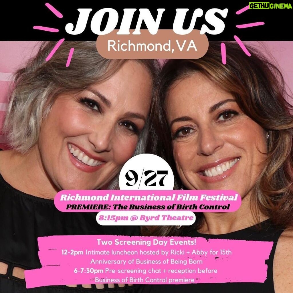 Ricki Lake Instagram - Hello Richmond, DC, and Central Virginia Folks! We are thrilled to premiere our brand new 54-minute International version of @businessofbirthcontrol at @riffrva on Wednesday, September 27th at 8:15pm. We have big love and history with the Richmond area birth community so are hosting an intimate luncheon on 9/27 to celebrate the 15th Anniversary of #thebusinessofbeingborn Later that evening we are hosting a pre-screening talk and reception before the film premiere! Join us for lunch, dinner or spend the day with us at both events! 12-2pm 15th Anniversary luncheon hosted by @rickilake and @abbyepsteinxoxo 6-7:30pm Pre-screening chat and reception for @businessofbirthcontrol Tickets are going fast and available at the link in bio or at thebusinessoflife.com All proceeds benefit our educational free screening series and 2023 re-release #thebusinessofbeingborn @dr_keith_bell @cnm_price @wolf_lynn711 @ourbrilliantbodies @nathanrileyobgyn Richmond, Virginia
