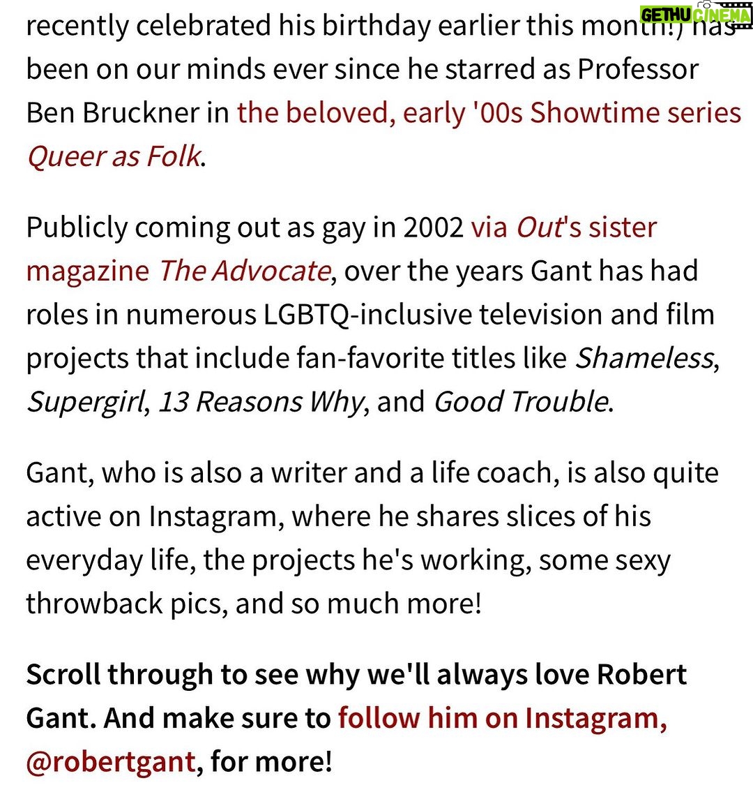 Robert Gant - 16.1K Likes - Thanks, @outmagazine! Have appreciated our continued connection these past 21 years and the great work you do. And thanks for the kind words, @raffyermac!
*****
https://www.out.com/celebs/robert-gant#rebelltitem1