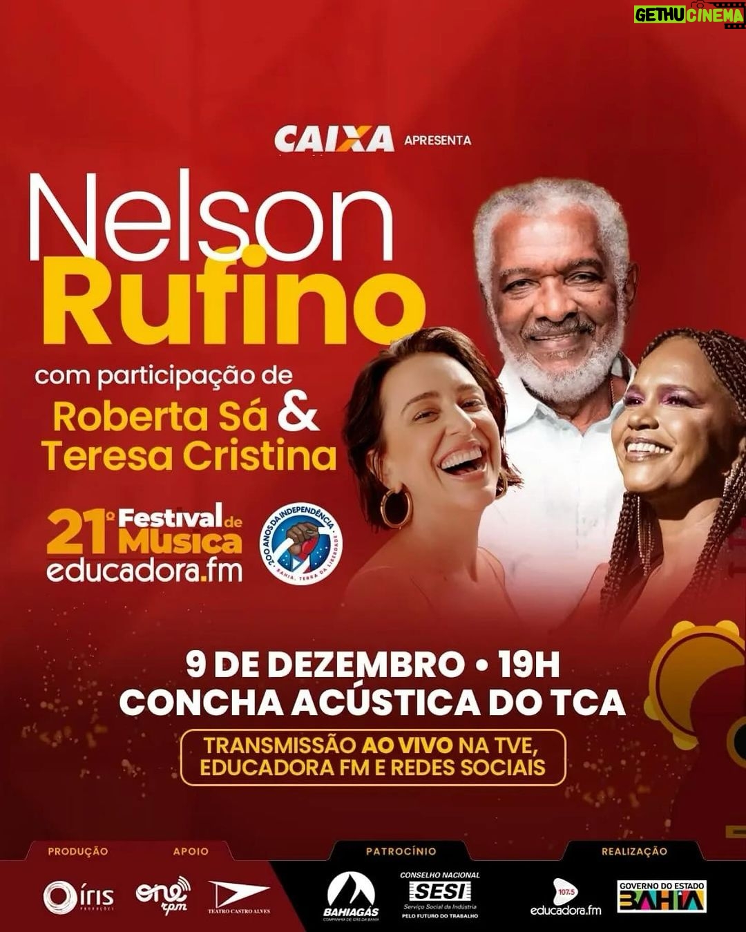 Roberta Sá Instagram - SALVADOR | É com muita alegria que participo, neste sábado, do 21º Festival de Música Educadora FM, em homenagem a @oficialnelsonrufino, esse artista que, pra mim, tem como maior característica a elegância de suas composições 🎶 👉🏽 O evento de premiação acontece na Concha Acústica do Teatro Castro Alves, às 19h, e tem participação também da querida @teresacristinaoficial. Quem vai estar lá? 📸 @pedrobucher