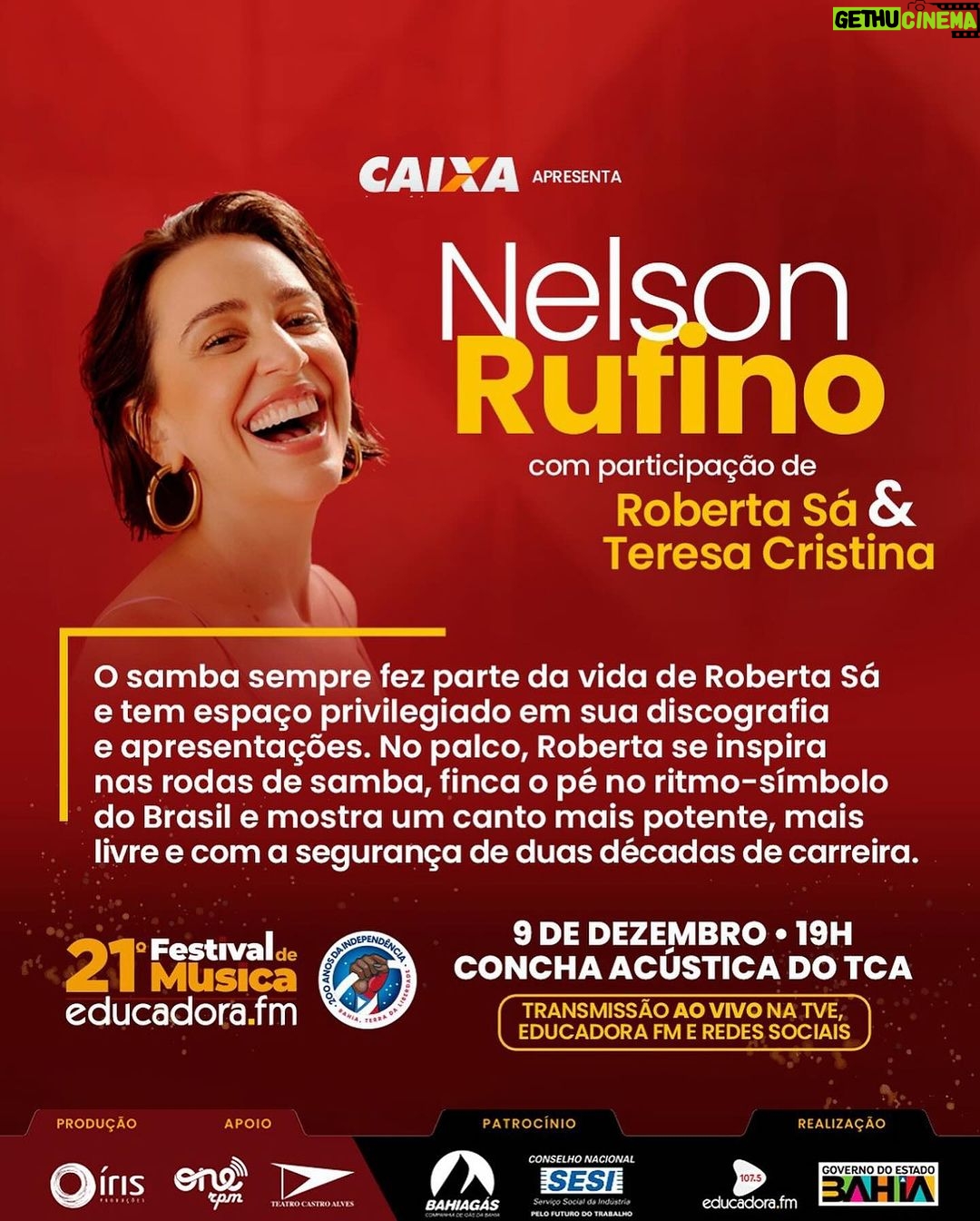Roberta Sá Instagram - SALVADOR | É com muita alegria que participo, neste sábado, do 21º Festival de Música Educadora FM, em homenagem a @oficialnelsonrufino, esse artista que, pra mim, tem como maior característica a elegância de suas composições 🎶 👉🏽 O evento de premiação acontece na Concha Acústica do Teatro Castro Alves, às 19h, e tem participação também da querida @teresacristinaoficial. Quem vai estar lá? 📸 @pedrobucher