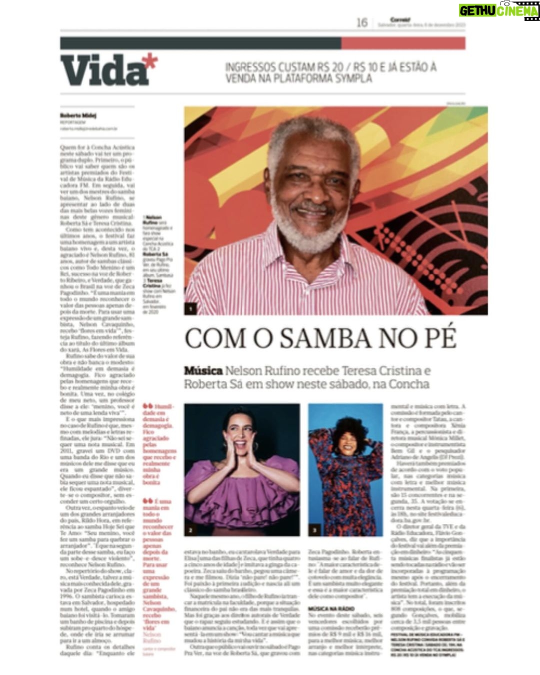 Roberta Sá Instagram - SALVADOR | É com muita alegria que participo, neste sábado, do 21º Festival de Música Educadora FM, em homenagem a @oficialnelsonrufino, esse artista que, pra mim, tem como maior característica a elegância de suas composições 🎶 👉🏽 O evento de premiação acontece na Concha Acústica do Teatro Castro Alves, às 19h, e tem participação também da querida @teresacristinaoficial. Quem vai estar lá? 📸 @pedrobucher
