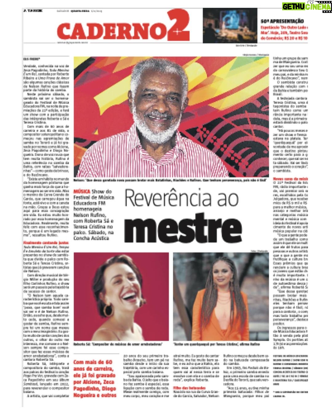 Roberta Sá Instagram - SALVADOR | É com muita alegria que participo, neste sábado, do 21º Festival de Música Educadora FM, em homenagem a @oficialnelsonrufino, esse artista que, pra mim, tem como maior característica a elegância de suas composições 🎶 👉🏽 O evento de premiação acontece na Concha Acústica do Teatro Castro Alves, às 19h, e tem participação também da querida @teresacristinaoficial. Quem vai estar lá? 📸 @pedrobucher