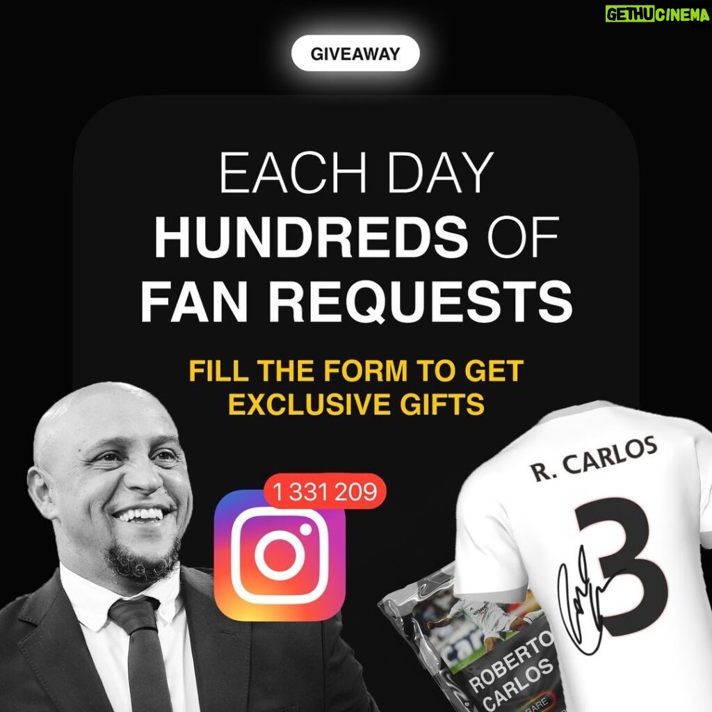 Roberto Carlos Instagram - Friends, every day I receive hundreds of requests from you: to participate in an event, for a personal meeting, or just to sign a jersey. I would love to be able to answer all requests, but there is simply not enough time. Therefore, I ask you to take a short survey that will help me understand what you really would like. Everyone who completes the survey will have the opportunity to win a jersey signed by me, as well as hundreds of valuable prizes. Join here 👇🏾 https://gleam.io/GkzAY/fan2earn This will be the starting point for something truly exciting. I'll tell you soon!