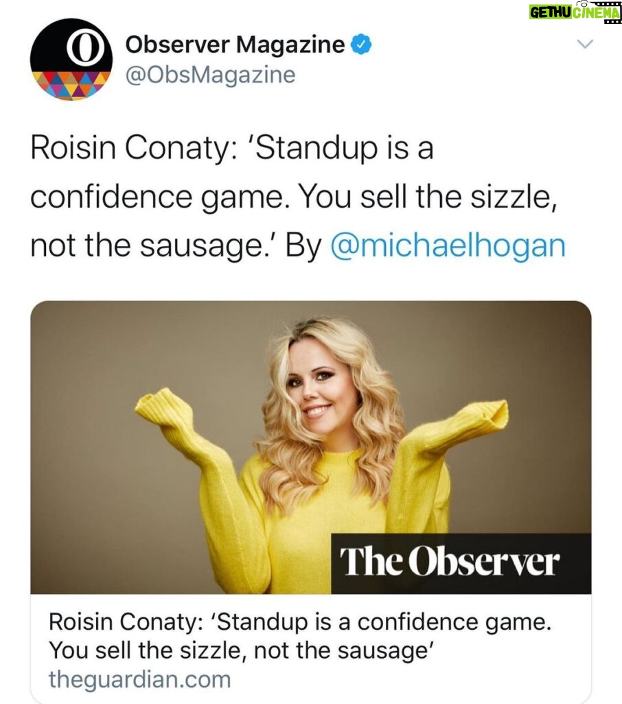 Roisin Conaty Instagram - Had lovely phone chat with @michaelhogan100 for the “This I know” page in today’s @obsmagazine. Also hands still shy it’s seems 😘 😘https://amp.theguardian.com/lifeandstyle/2020/apr/25/roisin-conaty-standup-is-a-confidence-game-you-sell-the-sizzle-not-the-sausage-