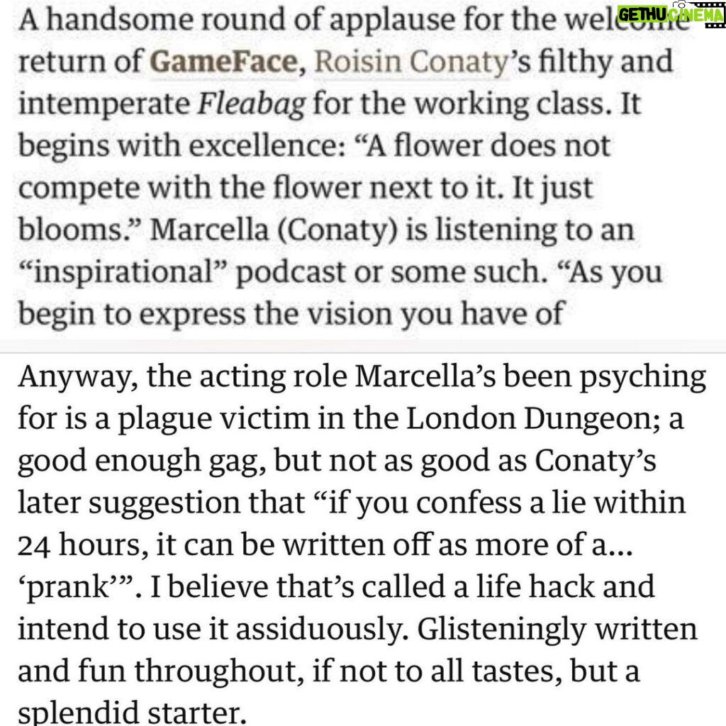 Roisin Conaty Instagram - Lovely review in @theobserver for GameFace yesterday https://www.theguardian.com/tv-and-radio/2019/jul/21/week-in-tv-handmaids-tale-gameface-poldark-horizon-facebook-difficult-year-review