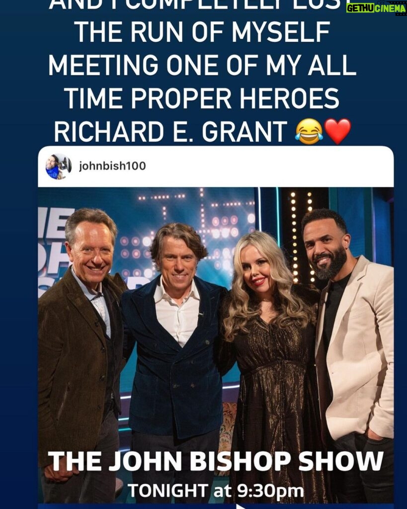 Roisin Conaty Instagram - I’m on the @johnbish100 show tonight ITV 9.30 I had a lovely time with John @craigdavid and one of my all time heroes @richard.e.grant I completely lost the run of myself sitting next to him 😂🥴❤