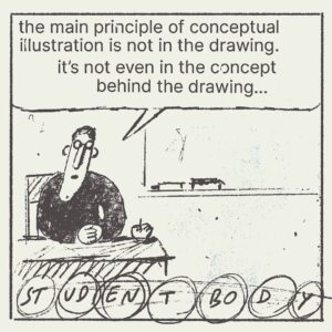 Roman Muradov Instagram - a little free lecture for those of you can’t afford art school, improvised this morning. more of that sort of thing on my newsletter bluebed.substack.com (along with occasional proper comics/art, though lately it’s been mostly quick trash) #conceptualillustration #artinspiration #turorial #lecture #newyorker #illustration