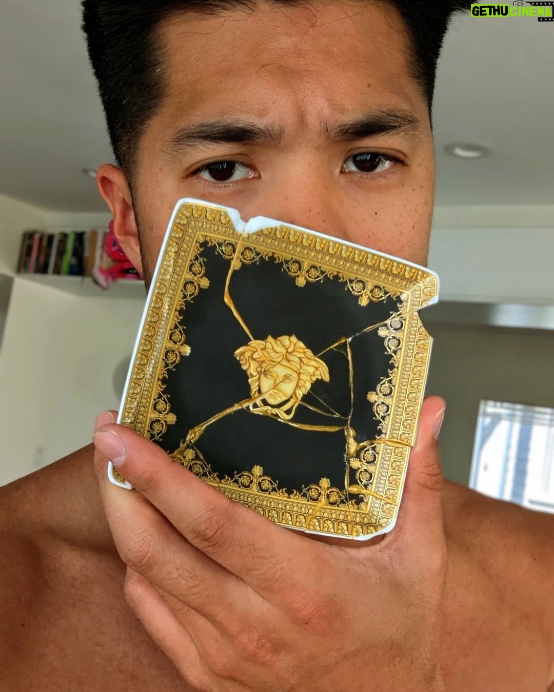 Ross Butler Instagram - sorry @donatella_versace for breaking your plate. but now I have a 1 of 1 @versace bruschetta dish Venice Beach