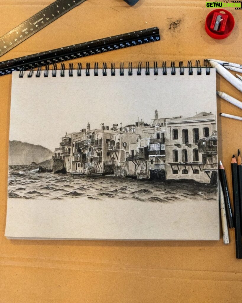 Ross Butler Instagram - It's done. Nearly 3 years later. Technically it was grueling; I had to experiment with learning how to draw waves and attaining fine detail with soft charcoal. Creatively it was bittersweet with emotions tied to this piece, which contributed to me constantly putting it off. Finishing it comes with a feeling of accomplishment, catharsis, and honestly relief. And that's all I have to say about that. Mykonos Shoreline Charcoal on paper 9x12