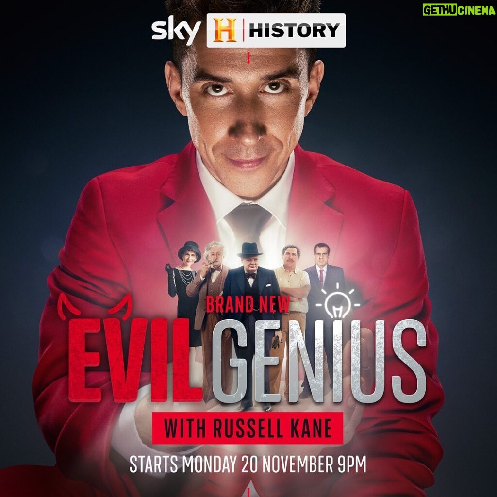 Russell Kane Instagram - Think you really know Winston Churchill and Albert Einstein? Leaping from podcast to screen, @russell_kane interrogates the reputation of history’s famous faces and finally settles if they were evil or genius! #EvilGenius 😈 💡 starts Monday 20th November at 9pm on Sky HISTORY.