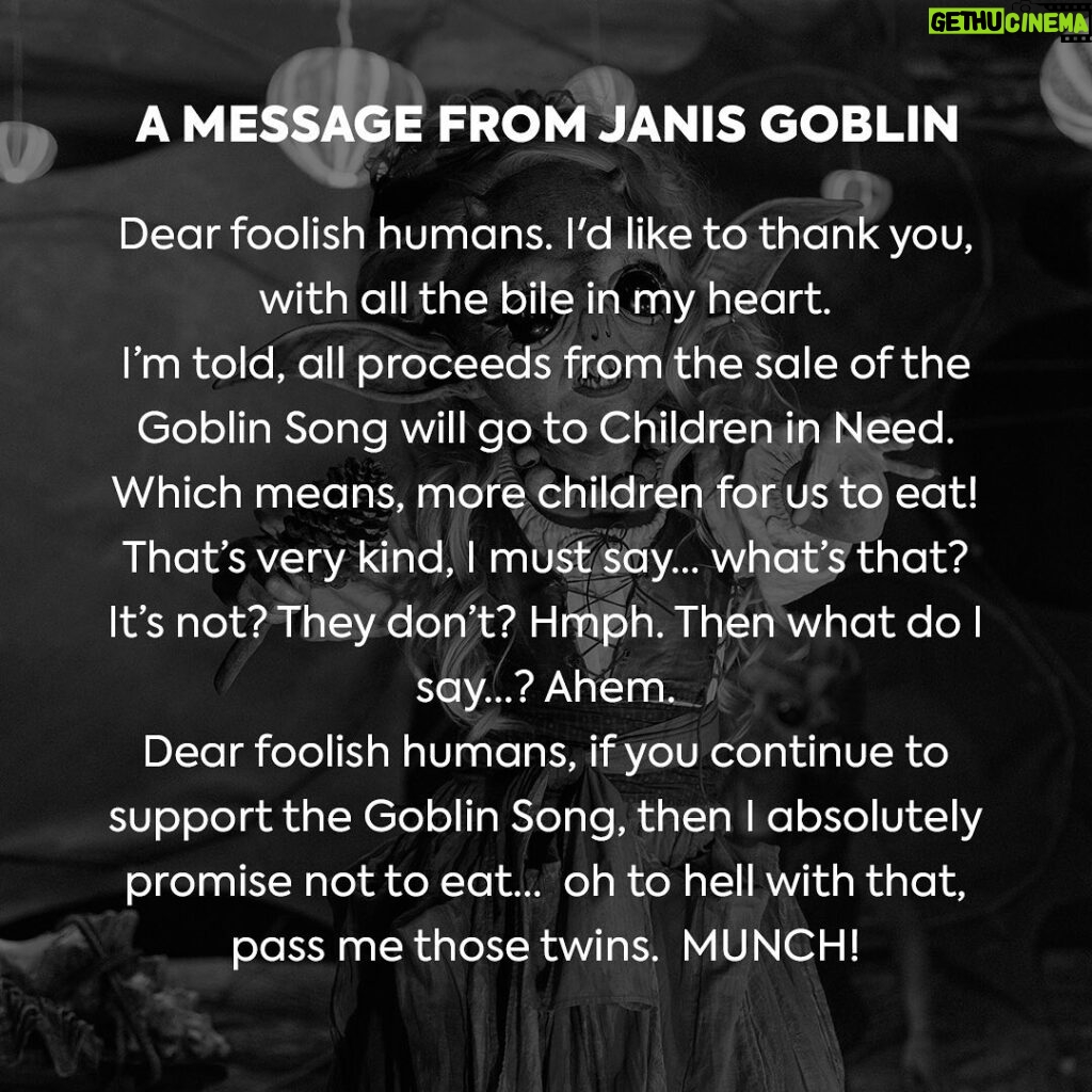 Russell T Davies Instagram - A message from Janis. (TRUE FACT: the Doctor calls her Janice because she’s got blonde hair like Janice from the Muppets. But now I realise Janis Goblin is a much funnier joke, so I’ll pretend that’s mine.) THE GOBLIN SONG available now, all proceeds to @bbccin. Stay tuned on Christmas Day to hear the Doctor and Ruby’s verse! 🎵🎄♥️ @bbcdoctorwho @bbcone @bbciplayer @disneyplus