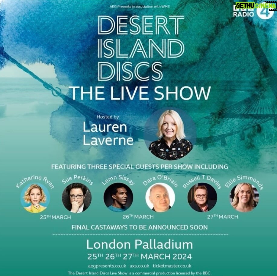 Russell T Davies Instagram - Desert Island Discs Live! I’m on March 27. Honoured to be invited! ♥️ @laurenlaverne London Palladium