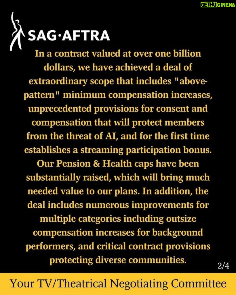 Rutina Wesley Instagram - 🙏🏿🙏🏿🙏🏿Repost from @sagaftra • THE #SagAftraStrike IS OVER. Dear #SagAftraMembers: We are thrilled and proud to tell you that today your TV/Theatrical Negotiating Committee voted unanimously to approve a tentative agreement with the AMPTP. As of 12:01am PT on November 9, our strike is officially suspended and all picket locations are closed. We will be in touch in the coming days with information about celebration gatherings around the country. In a contract valued at over one billion dollars, we have achieved a deal of extraordinary scope that includes "above-pattern" minimum compensation increases, unprecedented provisions for consent and compensation that will protect members from the threat of AI, and for the first time establishes a streaming participation bonus. Our Pension & Health caps have been substantially raised, which will bring much needed value to our plans. In addition, the deal includes numerous improvements for multiple categories including outsize compensation increases for background performers, and critical contract provisions protecting diverse communities. We have arrived at a contract that will enable SAG-AFTRA members from every category to build sustainable careers. Many thousands of performers now and into the future will benefit from this work. Full details of the agreement will not be provided until the tentative agreement is reviewed by the SAG-AFTRA National Board. We also thank our union siblings -- the workers that power this industry -- for the sacrifices they have made while supporting our strike and that of the Writers Guild of America. We stand together in solidarity and will be there for you when you need us. Thank you all for your dedication, your commitment and your solidarity throughout this strike. It is because of YOU that these improvements became possible. In solidarity and gratitude, Your TV/Theatrical Negotiating Committee
