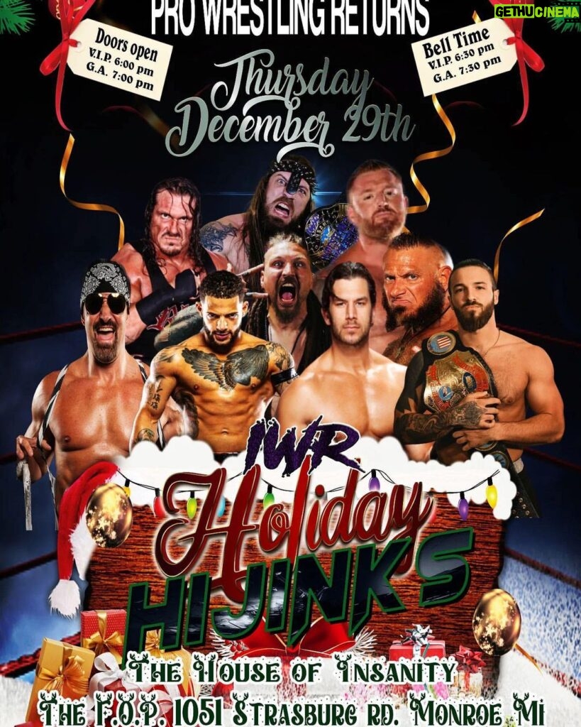 Ryan Parmeter Instagram - Posted @withrepost • @iwrworld Pro wrestling returns to Monroe Michigan Thursday December 29th with Insane Wrestling Revolution IWR 17 - Holiday Hijinks and we're coming in with another fire show! In our main even IWR Heavyweight Champion Dread King Logan defends his title against Big Kon, Heath Slater and Madman Fulton in an INSANE RULES FATAL FOUR-WAY MATCH! Monroe's own War Machine Rhino will get his chance at revenge in a Blind Fold Match against The Eh Team leader John E. Bravo !! This match will also feature special guest referee, 4 time Stanley Cup Champion and Detroit Red Wing legend Darren McCarty!! Impact Wrestling Superstar Dirty Dango ( fka WWE's Fandango ) and The Swingman Johnny Swinger will face each other!! The IWR United States Title is on the line when champion Top Notch takes on Impact Wrestling Superstar Aiden Prince! Death Threat Army will be defending their IWR World Tag Team Titles against Impact X-Division Champion Trey Miguel and a partner of his choosing! Who will it be? You'll have to be there!! In VIP action The Big Bad Wolf Ace Evans face Nikki, Top Tier Tanner Nix faces Grimey Zach Thomas and in a #1 contenders match to the IWR World Tag Team Titles the teams of Bry Sullivan & Damian Chambers w/ Jeremiah Goldmain in their corner will face the teams of Amazing N8 Mattson & The Bachelor Benjamin Boone, The GameChangers and The Saint Brothers in a Fatal Four-way Tag Match Our Three Year Anniversary Extravaganza is not to be missed so get you're tickets now before they're gone !! Tickets available now online at www.purplepass.com/IWR17 ( if available some tickets will be available at the door )