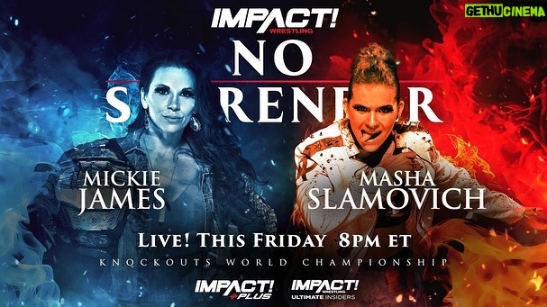 Ryan Parmeter Instagram - Posted @withregram • @impactwrestling #NoSurrender in THIS FRIDAY at 8pm ET LIVE on IMPACT Plus and YouTube for Ultimate Insiders! - Josh Alexander vs. Rich Swann for the IMPACT World Championship - Mickie James vs. Masha Slamovich for the Knockouts World Championship - Time Machine vs. Bullet Club - Steve Maclin vs. Brian Myers vs. Heath vs. PCO in a #1 Contenders match - Death Dollz vs. The Hex for the Knockouts World Tag Team Tiltes - Joe Hendry vs. Moose for the Digital Media Championship in a Dot Combat match - Kon vs. Frankie Kazarian - A special live edition of Busted Open Countdown to No Surrender FREE THIS FRIDAY at 7:30pm ET on YouTube and IMPACT Plus - Jonathan Gresham vs. Mike Bailey - Gisele Shaw vs. Deonna Purrazzo