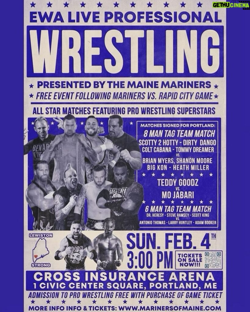 Ryan Parmeter Instagram - Posted @withregram • @dirtydangocurty I am excited to announce the line up for our second annual wrestling event at the @cross_arena on Sunday, February 4th. A portion of VIP ticket sales will be donated to the families of the victims of the Lewiston shootings. Please join us for a fun night of @marinersofmaine hockey and wrestling! #lewistonstrong @thescottgarland @coltcabana @myers_wrestling @theshannonmoore @heathxxii @big_kon1 @tedgoodz @kidchocolatee @thetommydreamer @marinersofmaine