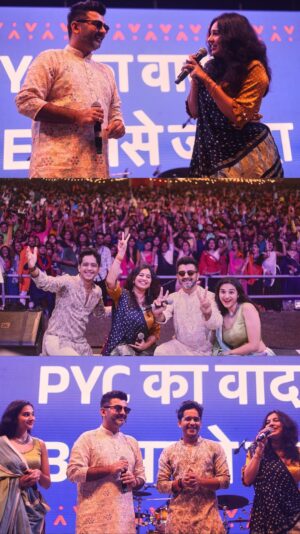 Sachin Sanghvi Instagram - When song meets lyrics 😍 this is a beautiful song and look at the vibe 😀 #DheemeDheeme song promotional visit at #PYCNavratri2023 was absolutely magical 🫶🏼😍 #Navratri