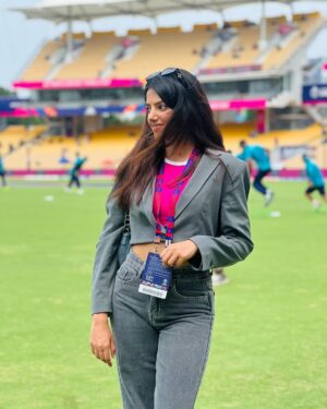 Sahana Sarvesh Instagram - Super happy to collaborate with @icc @meta as one of the 50 creators from India. SO stunned to witness the amount of work and discipline that goes behind every match. 
What an unforgettable experience! 😍
Thank you @anderson.samuel.r @metaindia for the opportunity ♥️💃🏽

#cwc2023 #cwc23 #metasuper50