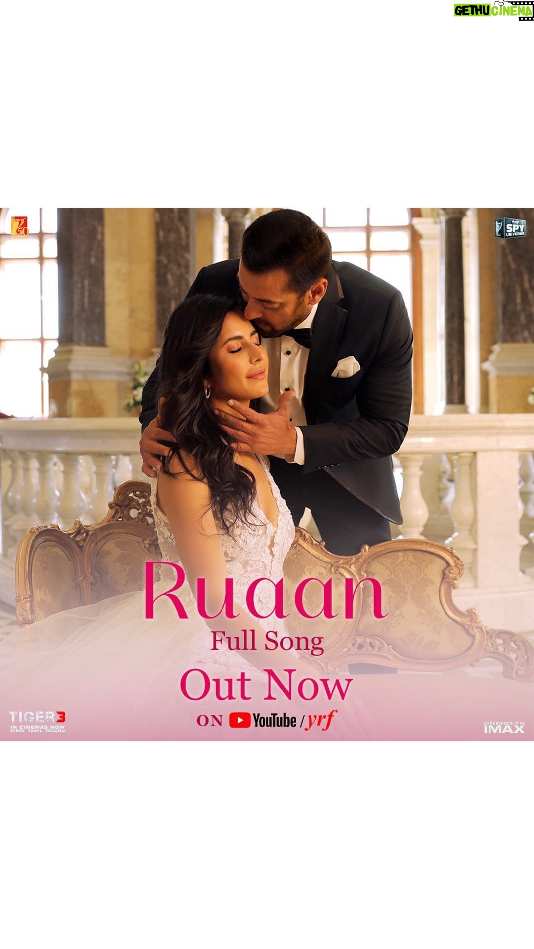 Salman Khan Instagram - #Ruaan ❤️ Full song out now *link in bio* Watch #Tiger3 at your nearest big screen in Hindi, Tamil & Telugu. Book your tickets now *link in bio* @katrinakaif @therealemraan #ManeeshSharma @ipritamofficial @kamil_irshad_official @arijitsingh @vaibhavi.merchant @yrf #YRF50 #YRFSpyUniverse