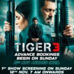 Salman Khan Instagram - #Tiger3 Advance Bookings open on this Sunday, 5th Nov. See you in cinemas on Sunday, 12th Nov, 7 AM onwards! Releasing in Hindi, Tamil & Telugu. @katrinakaif | @therealemraan | #ManeeshSharma | @yrf | #YRF50 | #YRFSpyUniverse | @imax | @cgv_korea | @dboxtech | @pvrcinemas_official | @cgrcinemas | @4d_emotion