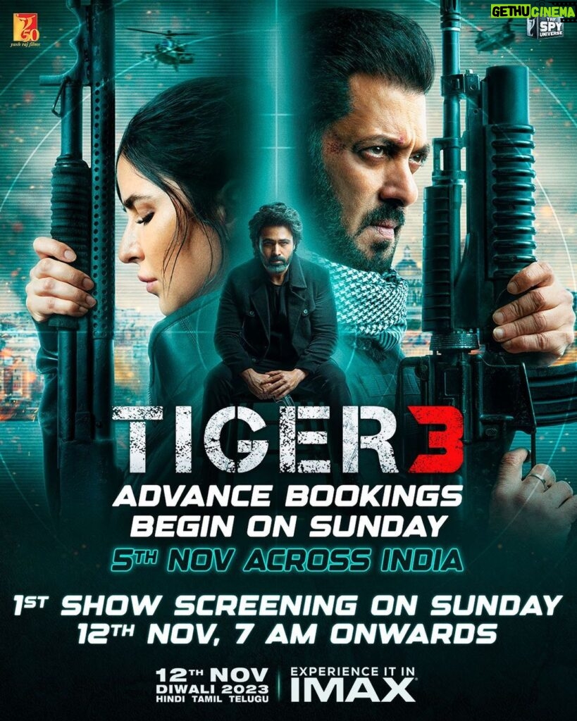 Salman Khan Instagram - #Tiger3 Advance Bookings open on this Sunday, 5th Nov. See you in cinemas on Sunday, 12th Nov, 7 AM onwards! Releasing in Hindi, Tamil & Telugu. @katrinakaif | @therealemraan | #ManeeshSharma | @yrf | #YRF50 | #YRFSpyUniverse | @imax | @cgv_korea | @dboxtech | @pvrcinemas_official | @cgrcinemas | @4d_emotion