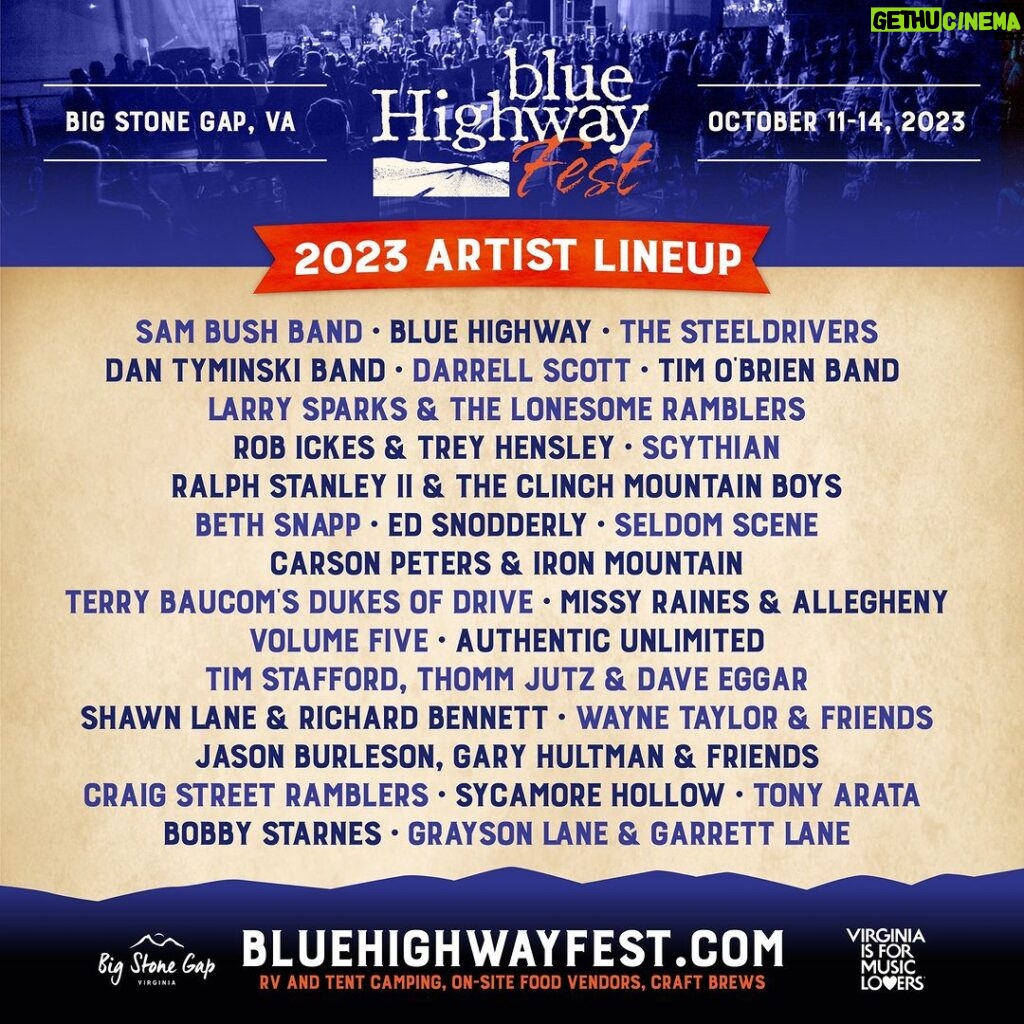 Sam Bush Instagram - @bluehighway_fest starts in one month on October 11th in Big Stone Gap, VA! Come on out for four full days of live music, songwriting workshops, writers rounds and more! Sam and band had such a great time last year that they're returning for round two. The boys are playing Saturday, October 14th. Did ya hear that if you’re a Big Stone Gap resident, you can receive discounted tickets!? More info and ticket details here: https://bluehighwayfest.com/tickets/ #sambush #sambushband #newgrass #bluegrass #bluehighwayfest #bigstonegap #virginia