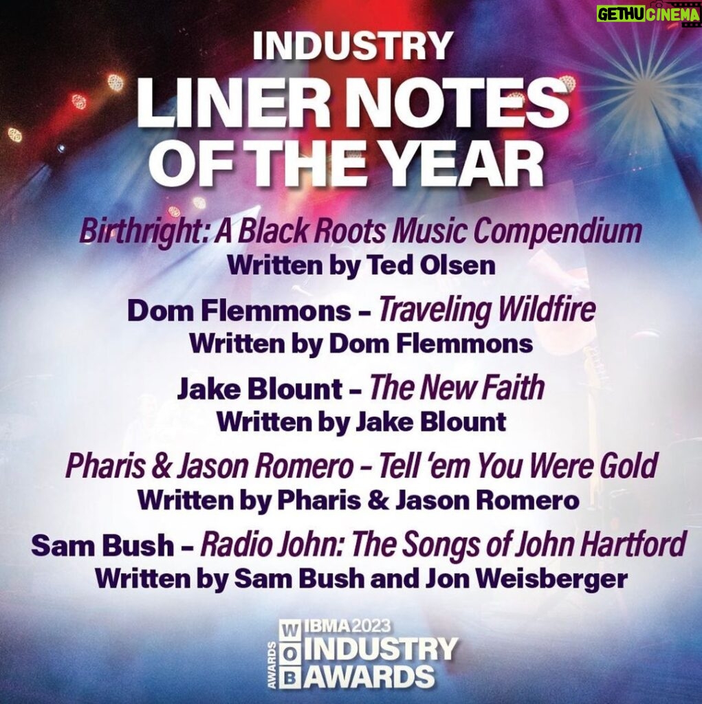 Sam Bush Instagram - Best of luck from the Sam Band Family to Sam at the @intlbluegrass Awards this weekend! Sam has been nominated for Mandolin Player of the Year (for the 34th consecutive year!), Album of the Year, and Industry Liner Notes of the Year for Radio John: The Songs of John Hartford. Congratulations, too, for his well deserved induction into the Bluegrass Music Hall of Fame! Cheers for the Father of Newgrass! #sambush #bluegrassmusichalloffame #newgrass #IBMA #IBMAAwards